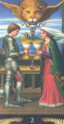 2 of Cups card from the Pre-Raphaelite Tarot deck