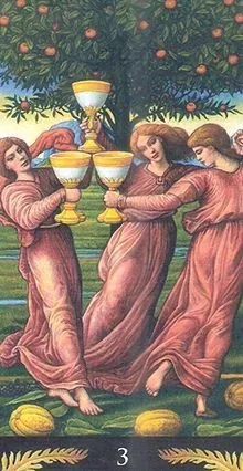 3 of Cups card from the Pre-Raphaelite Tarot deck