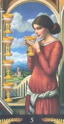 5 of Cups card from the Pre-Raphaelite Tarot deck