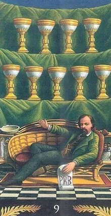 9 of Cups card from the Pre-Raphaelite Tarot deck