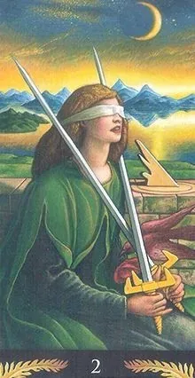 2 of Swords card from the Pre-Raphaelite Tarot deck