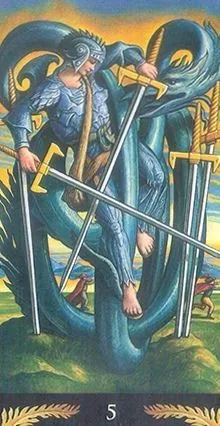 5 of Swords card from the Pre-Raphaelite Tarot deck