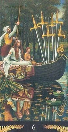 6 of Swords card from the Pre-Raphaelite Tarot deck