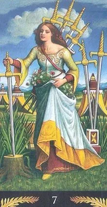 7 of Swords card from the Pre-Raphaelite Tarot deck