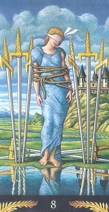 8 of Swords card from the Pre-Raphaelite Tarot deck