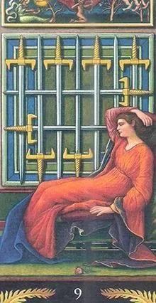 9 of Swords card from the Pre-Raphaelite Tarot deck