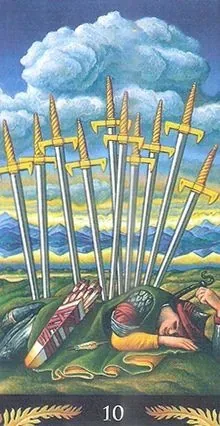 10 of Swords card from the Pre-Raphaelite Tarot deck