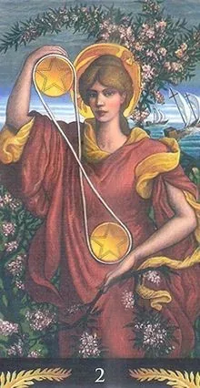 2 of Pentacles card from the Pre-Raphaelite Tarot deck