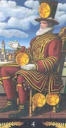 4 of Pentacles card from the Pre-Raphaelite Tarot deck