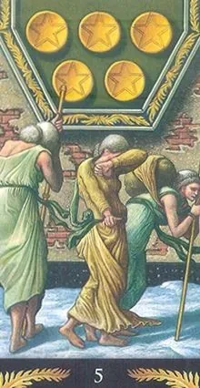5 of Pentacles card from the Pre-Raphaelite Tarot deck