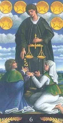 6 of Pentacles card from the Pre-Raphaelite Tarot deck