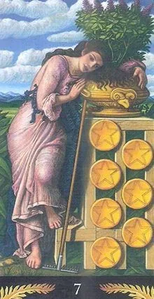 7 of Pentacles card from the Pre-Raphaelite Tarot deck