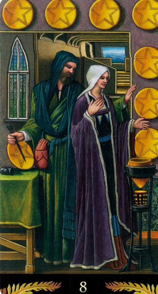 8 of Pentacles card from the Pre-Raphaelite Tarot deck