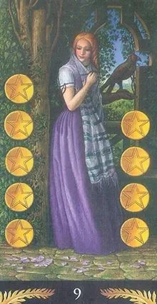 9 of Pentacles card from the Pre-Raphaelite Tarot deck