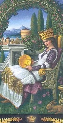 Queen of Pentacles card from the Pre-Raphaelite Tarot deck