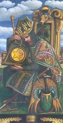 King of Pentacles card from the Pre-Raphaelite Tarot deck