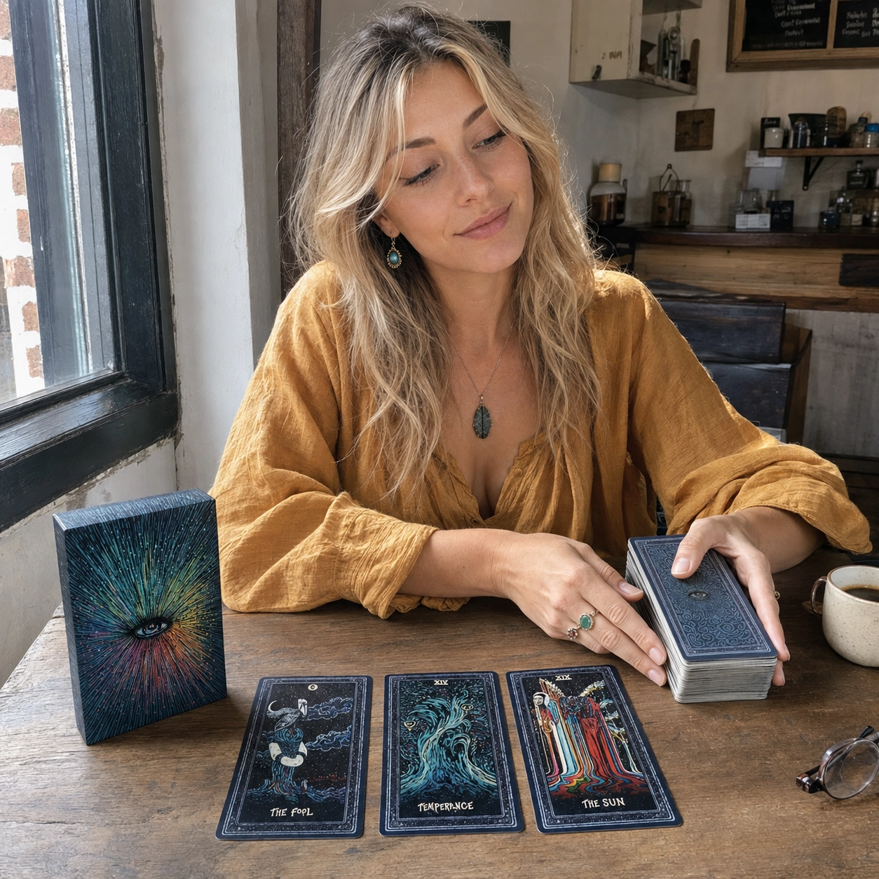 Aurica squaring the Prisma Visions Tarot deck beside The Fool, Temperance and The Sun in a cafe reading