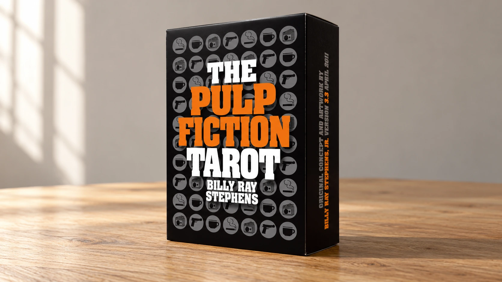 AI-generated illustration of Billy Ray Stephens Jr.’s Pulp Fiction Tarot box design on a simple wooden table, based on the creator’s mockup