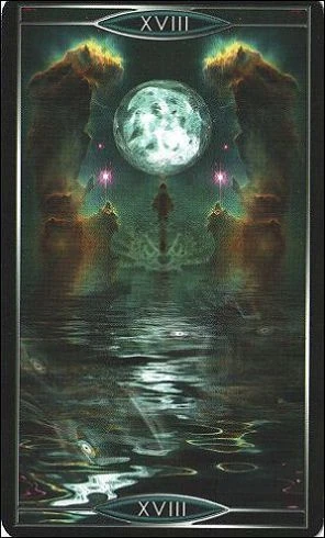 The Moon card from Quantum Tarot: Version 2.0 by Christopher Butler and Kay Stopforth