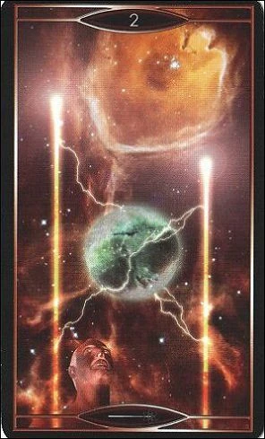 Two of Wands card from Quantum Tarot: Version 2.0 by Christopher Butler and Kay Stopforth