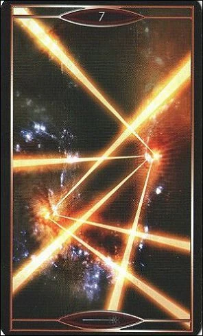 Seven of Wands card from Quantum Tarot: Version 2.0 by Christopher Butler and Kay Stopforth