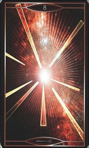 Eight of Wands card from Quantum Tarot: Version 2.0 by Christopher Butler and Kay Stopforth