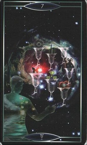 Seven of Cups card from Quantum Tarot: Version 2.0 by Christopher Butler and Kay Stopforth
