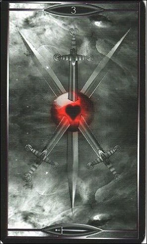 Three of Swords card from Quantum Tarot: Version 2.0 by Christopher Butler and Kay Stopforth