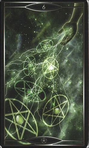 Six of Pentacles card from Quantum Tarot: Version 2.0 by Christopher Butler and Kay Stopforth