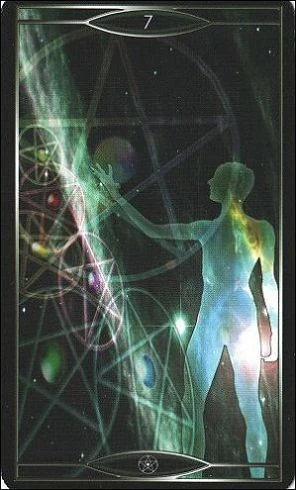 Seven of Pentacles card from Quantum Tarot: Version 2.0 by Christopher Butler and Kay Stopforth
