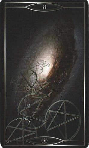 Eight of Pentacles card from Quantum Tarot: Version 2.0 by Christopher Butler and Kay Stopforth