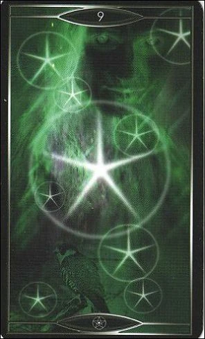 Nine of Pentacles card from Quantum Tarot: Version 2.0 by Christopher Butler and Kay Stopforth