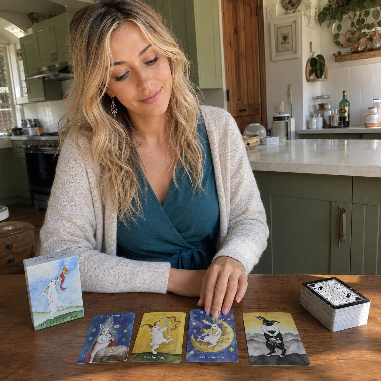 Aurica arranging The Rabbit Tarot cards beside the Third Edition box and stacked deck