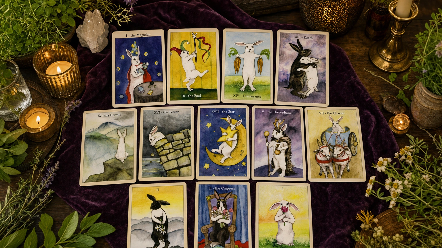 The Rabbit Tarot Review 1 The Rabbit Tarot cards arranged in a modern table reading scene