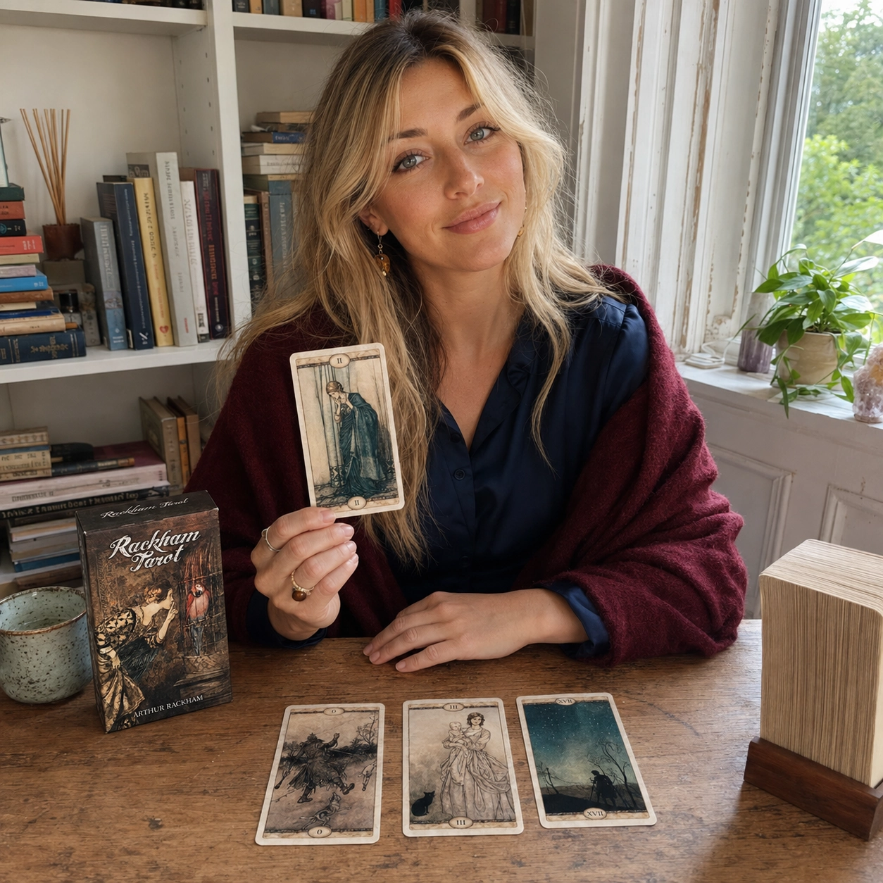 Aurica presenting the High Priestess from Rackham Tarot beside its box, a face-up spread, and the stacked deck