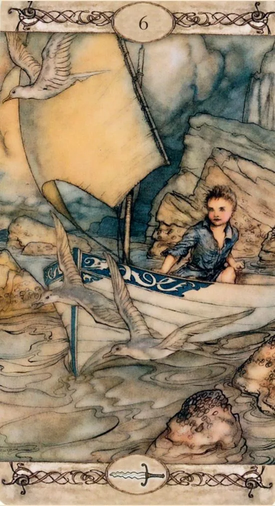 6 of Swords card from the Rackham Tarot deck
