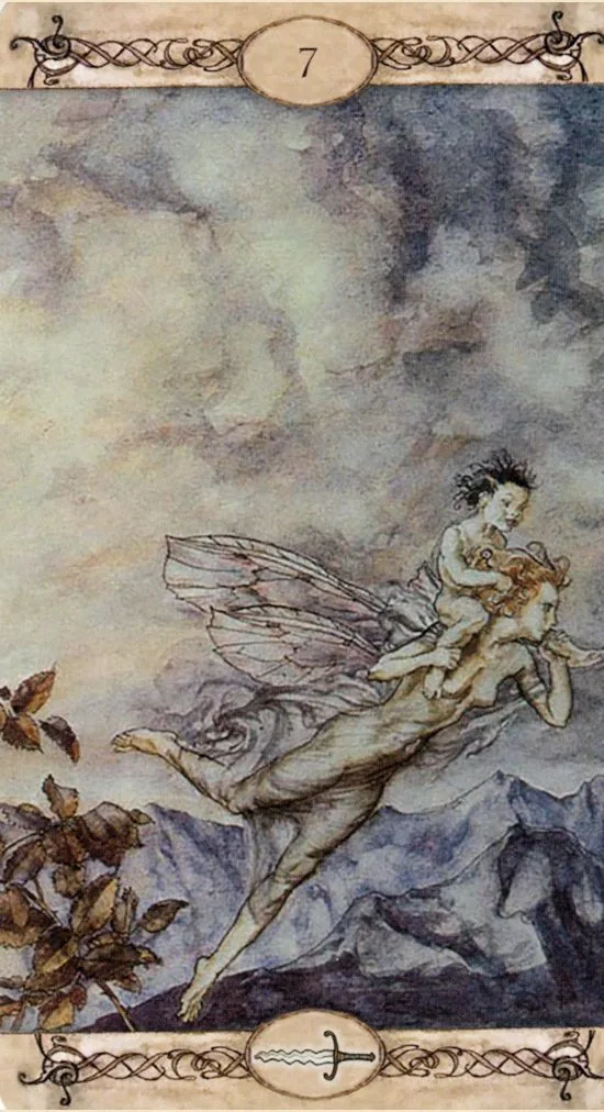 7 of Swords card from the Rackham Tarot deck