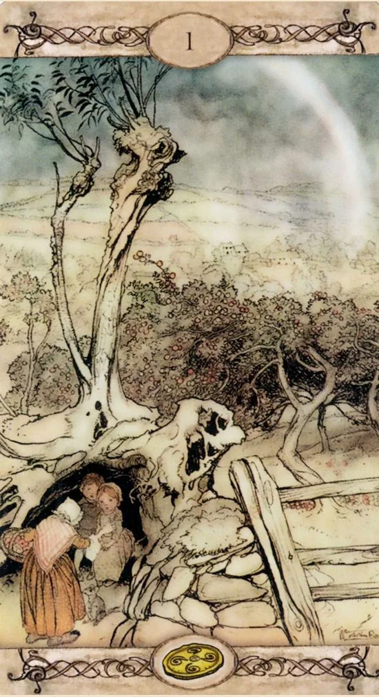 Ace of Pentacles card from the Rackham Tarot deck