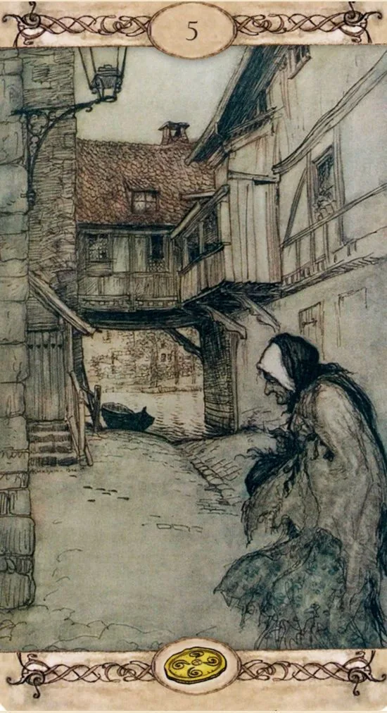 5 of Pentacles card from the Rackham Tarot deck