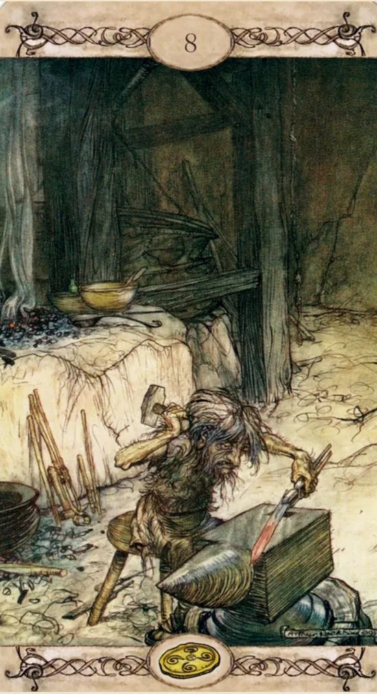 8 of Pentacles card from the Rackham Tarot deck