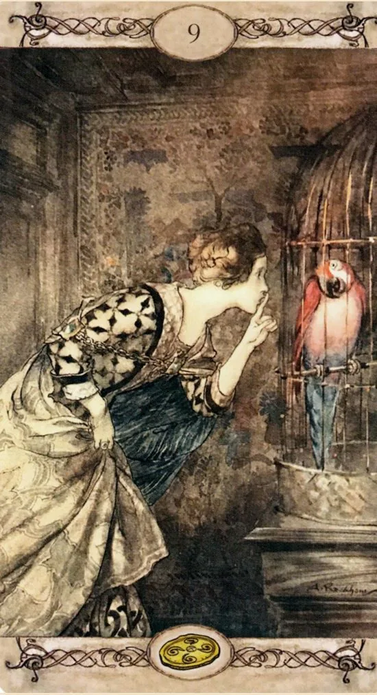 9 of Pentacles card from the Rackham Tarot deck