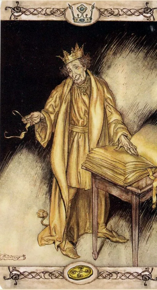 King of Pentacles card from the Rackham Tarot deck