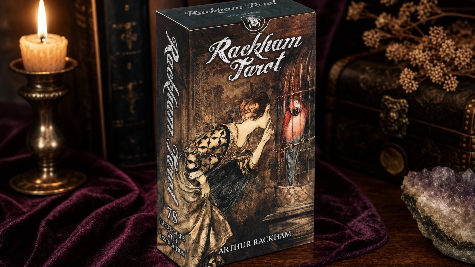 Rackham Tarot box on plum velvet with candlelight