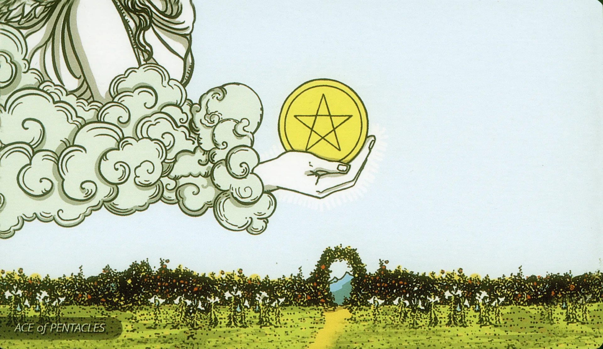 Ace of Pentacles Rider-Waite-Smith tarot card panorama