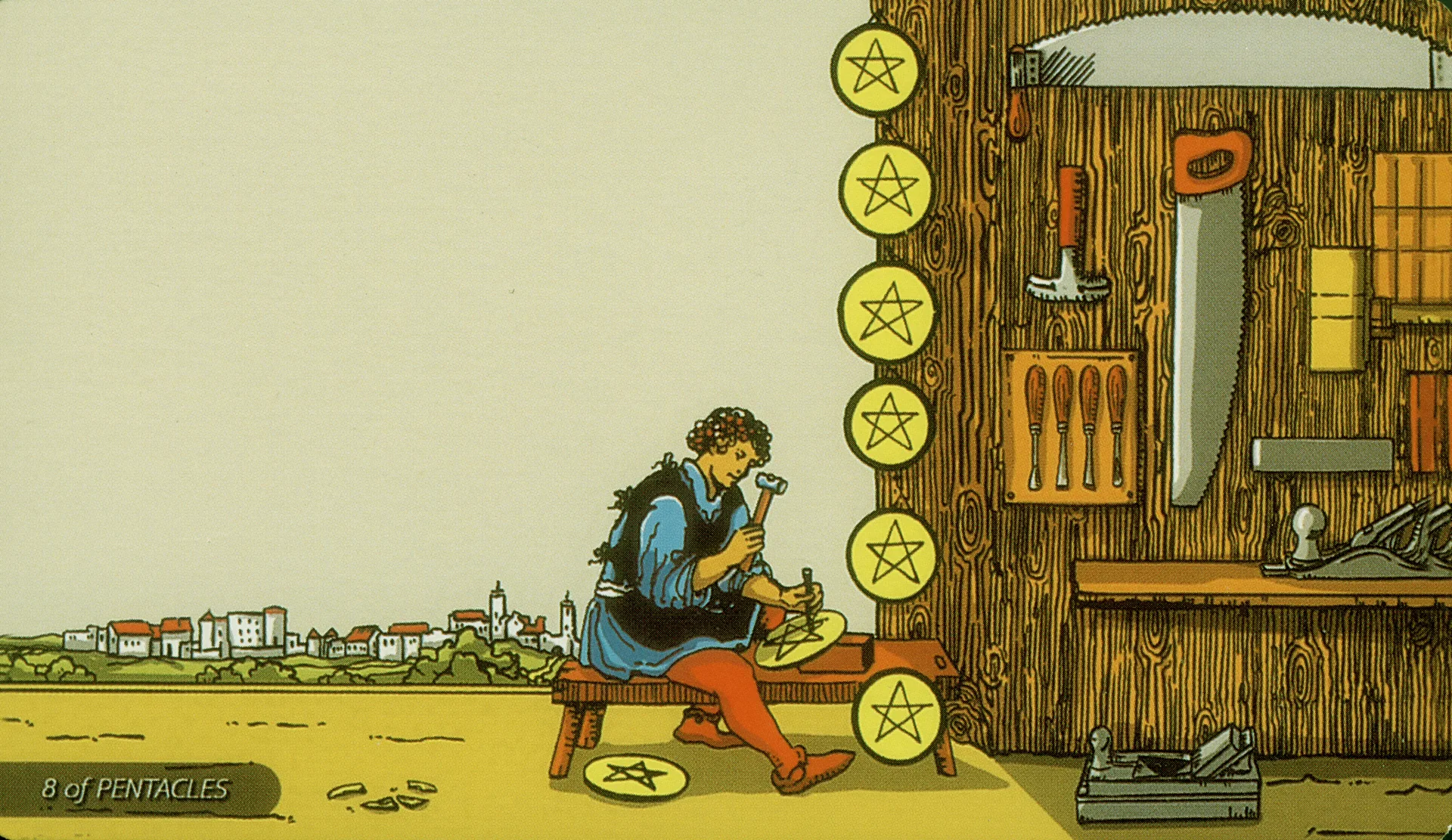 Eight of Pentacles Rider-Waite-Smith tarot card panorama