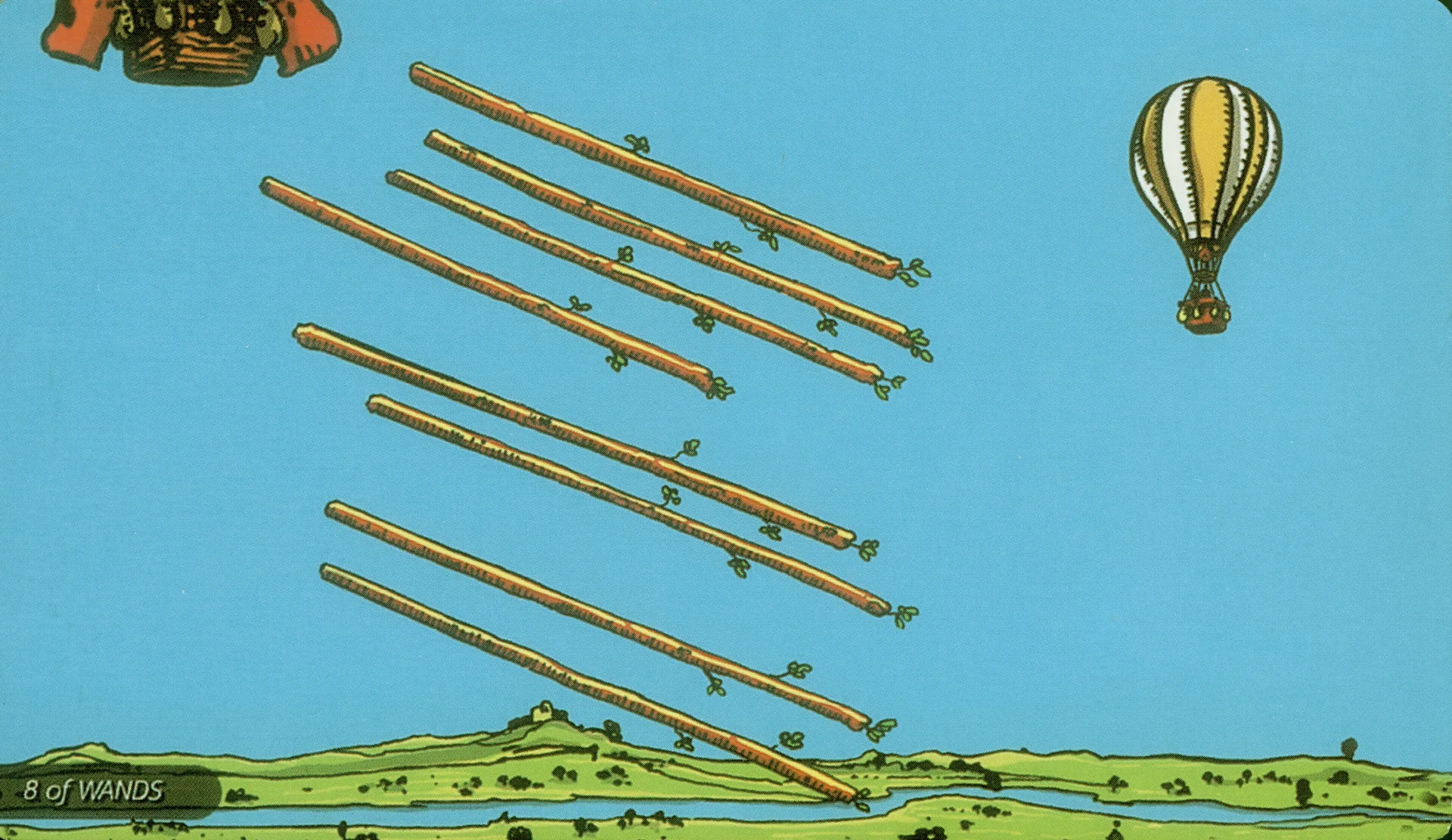 Eight of Wands Rider-Waite-Smith tarot card panorama