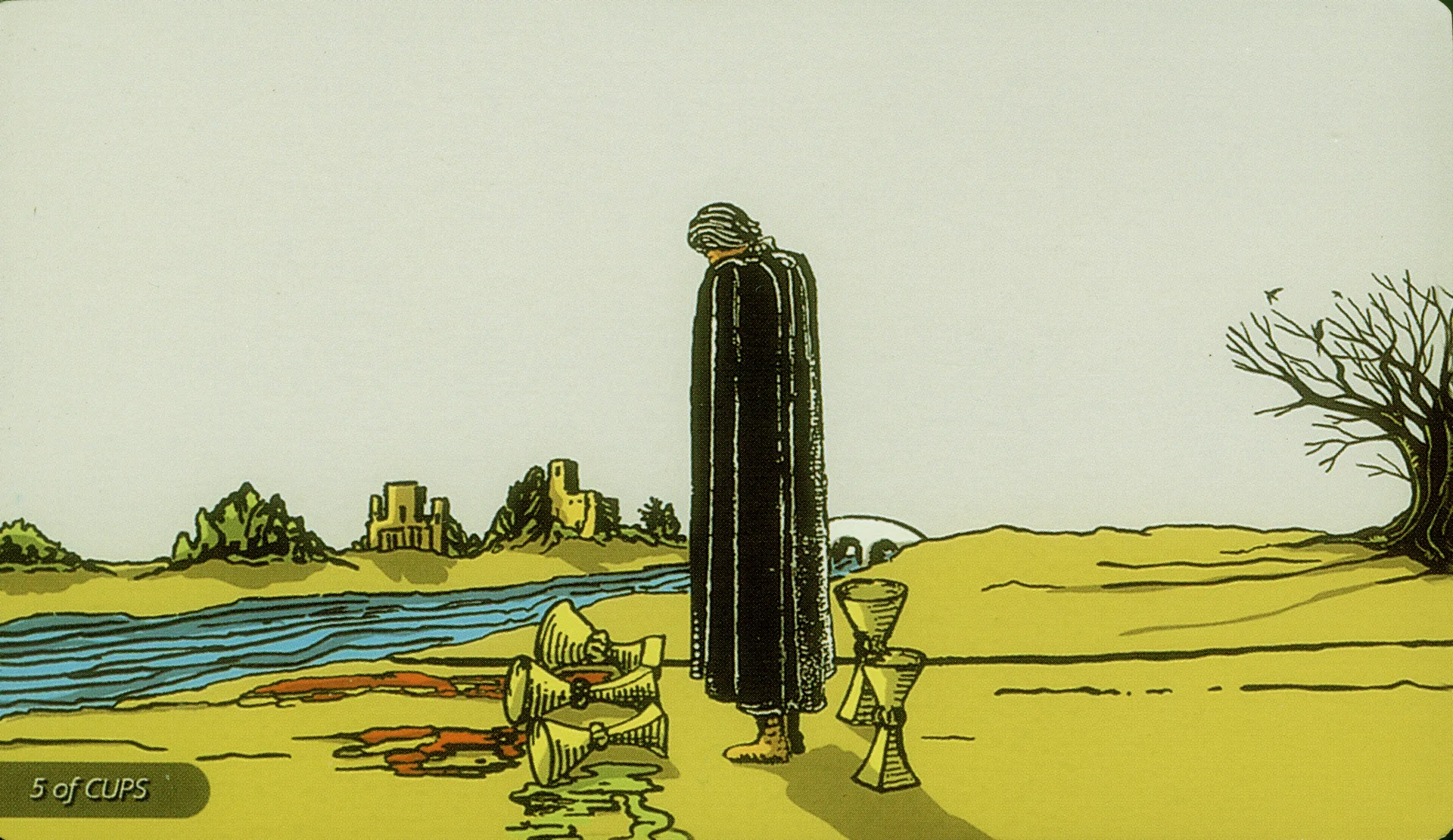 Five of Cups Rider-Waite-Smith tarot card panorama