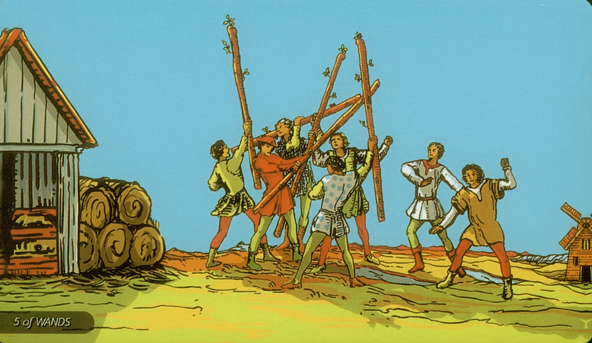 Five of Wands Rider-Waite-Smith tarot card panorama