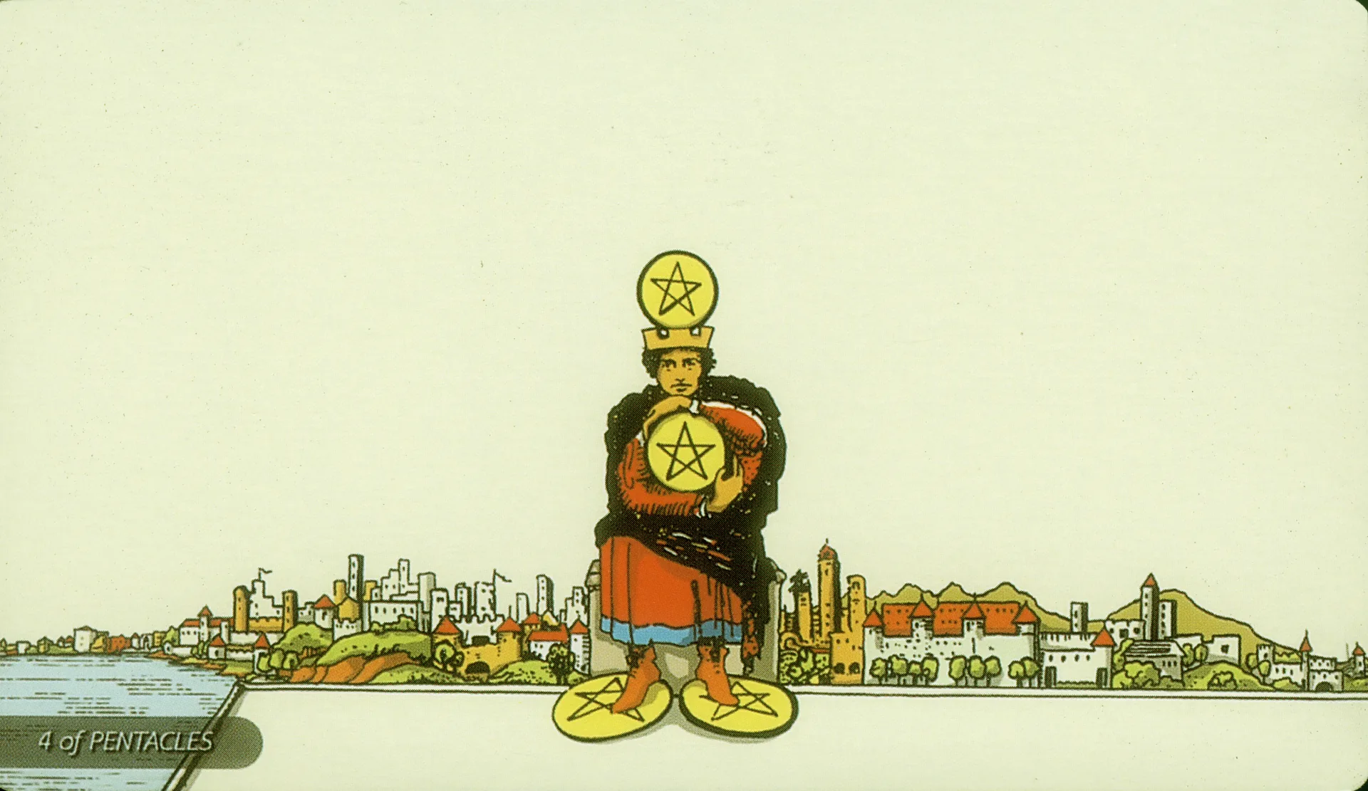 Four of Pentacles Rider-Waite-Smith tarot card panorama