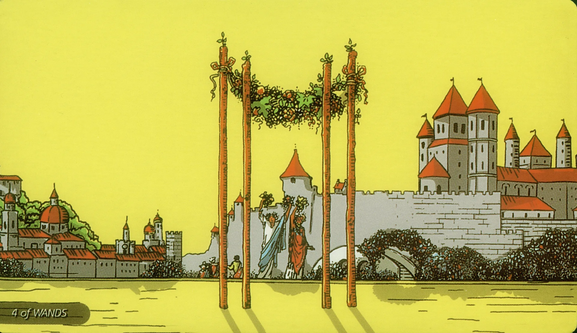 Four of Wands Rider-Waite-Smith tarot card panorama